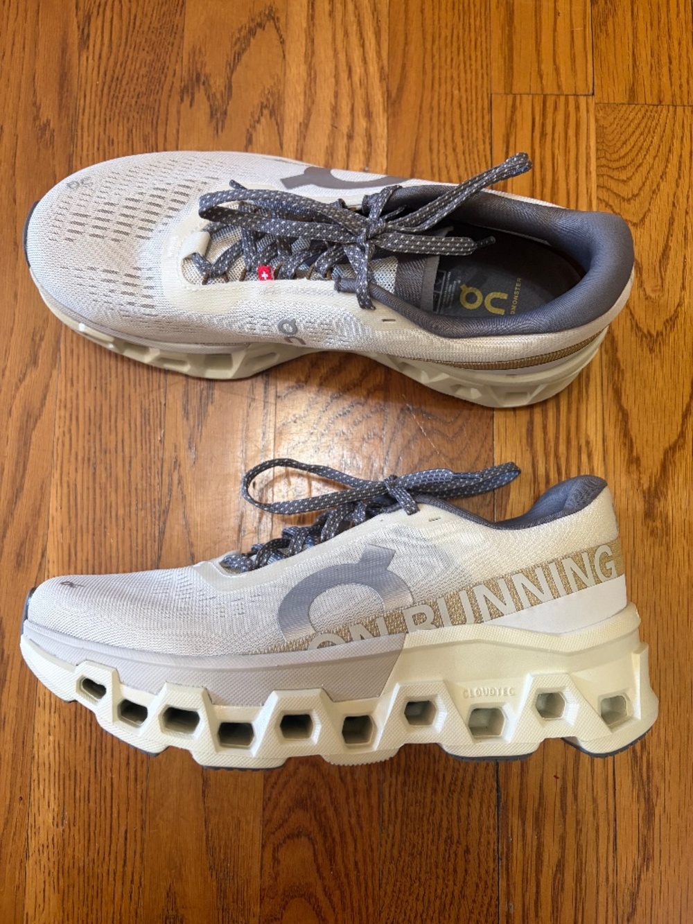 On Cloudmonster 2, size 8.5, color:Cream/Ice
